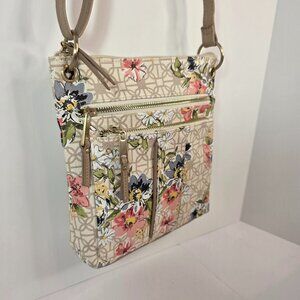 Floral Crossbody Bag Tan Neutral Multi Pocket Adjustable Strap